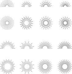 Vintage sunburst set. Bursting rays sunrise firework starburst blast, Radiant Spark. Rays. Geometric Design Elements. Retro radiant sunburst, starburst hand drawn label, sun rays.