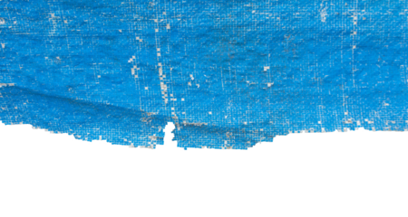 Weathered Torn Blue Tarpaulin with Grid Texture, Aged and Fragile Plastic Sheet. Element For Creative Project, Copy Space for Text.