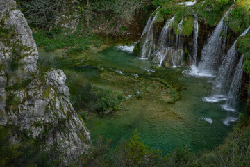 Plitvice Lakes National Park. Croatia. Big waterfalls. Nature travel background. Beautiful nature. The park is a UNESCO World Heritage Site.