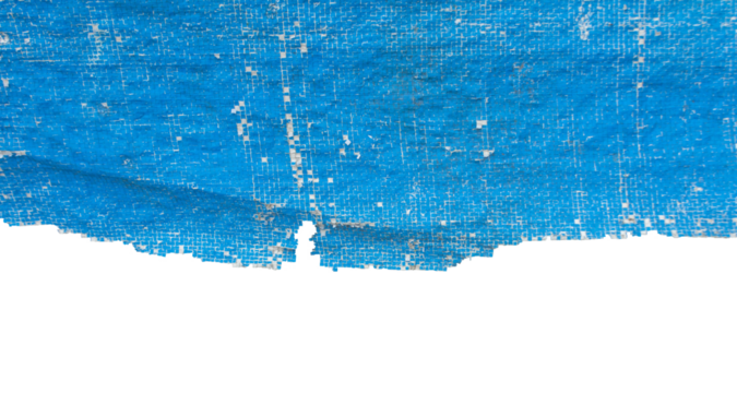 Weathered Torn Blue Tarpaulin with Grid Texture, Aged and Fragile Plastic Sheet. Element For Creative Project, Copy Space for Text.