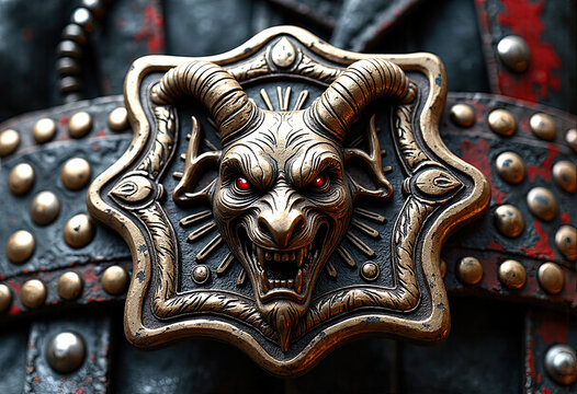 Metal ram skull emblem on leather for rock band logos, music merchandise, World Rock and Roll Day promotions, metal album art, and gothic fashion websites with copy space - Powered by Adobe