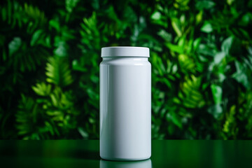 Obraz premium clean, white container stands against lush green foliage background, ideal for product display