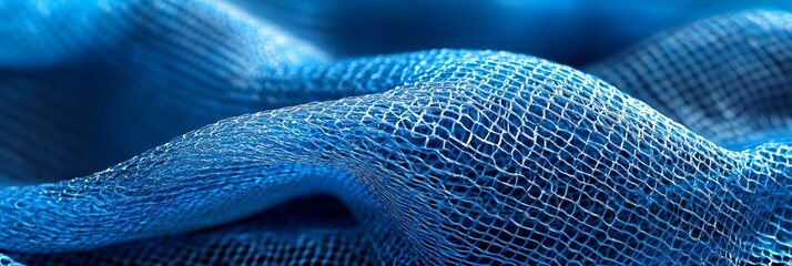 Wavy Blue Fishnet Fabric Texture Close Up for Design Backgrounds