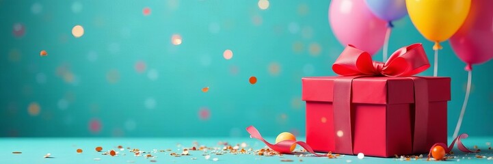 A vibrant birthday card with a red gift box, colorful balloons, and sparkling confetti, greeting, cheerful