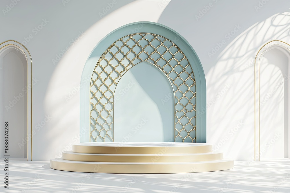 Poster elegant presentation podium with intricate arches and soft lighting for product display