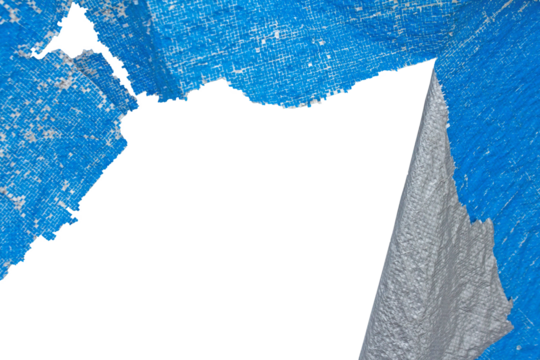 Weathered Torn Blue Tarpaulin with Silver Layer Peeling Off. Aged and Fragile Plastic Sheet. Element For Creative Project.