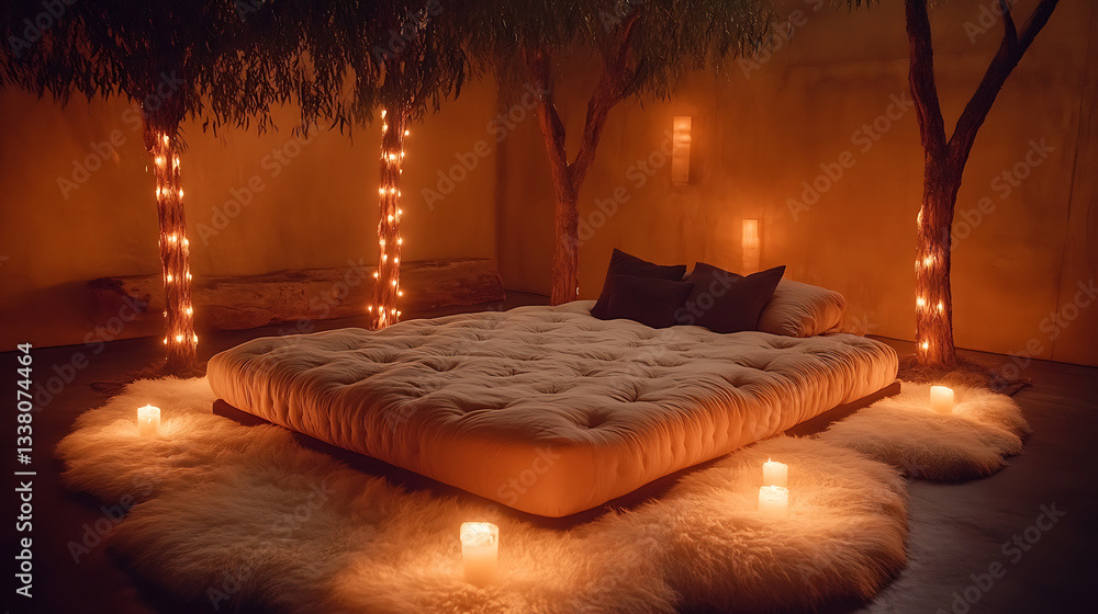 Poster a cozy, intimate bedroom setting with a soft mattress, surrounded by plush rugs, candles, and ambien