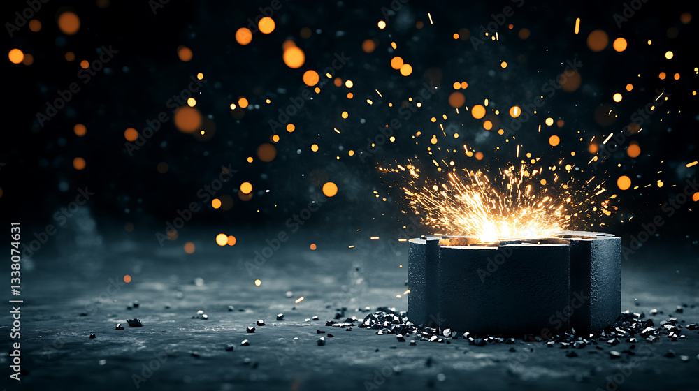 Poster A dark scene featuring sparks flying from a metallic surface, creating an ethereal glow against a blurred background