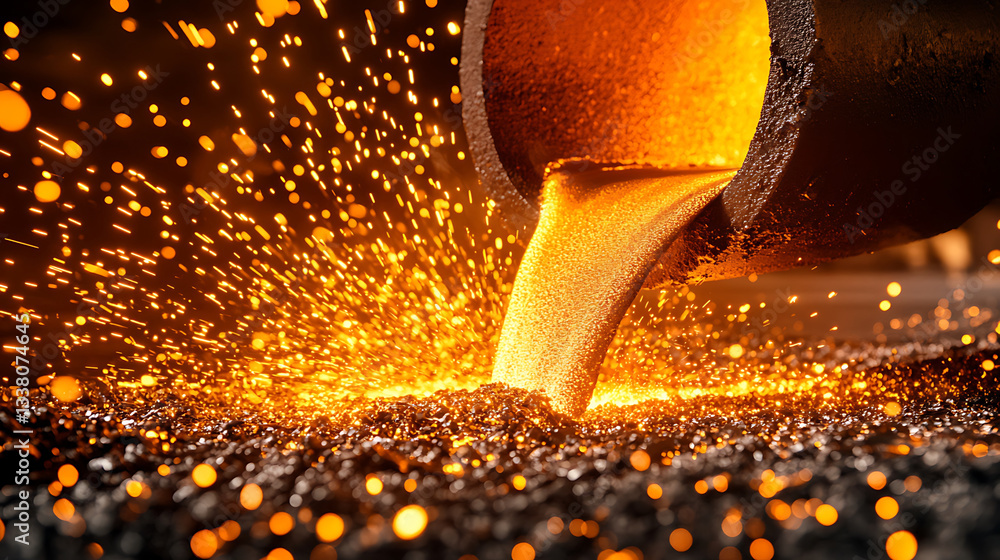 Poster a molten metal is being poured from a vessel, creating sparks and glimmering light in a dark backgro