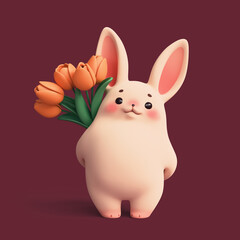 3d render of simple funny kawaii soft fluffy cartoon white bunny with eyebrows, pink ears, cheeks stands holding bouquet of yellow tulips behind its back with its paws. Hello spring on red background.