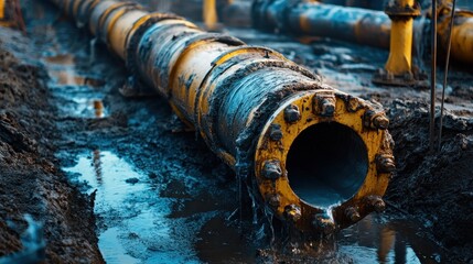 Large yellow pipeline running through a muddy trench with standing water. Suitable for illustrating infrastructure, construction, or industrial concepts.