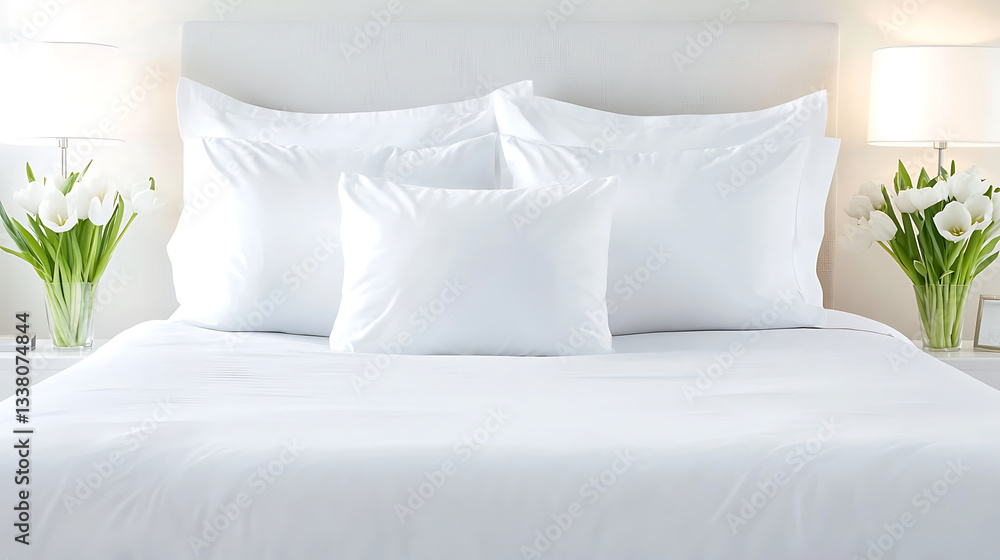 Poster a serene bedroom scene featuring a neatly made bed with white pillows and fresh tulips, creating a c