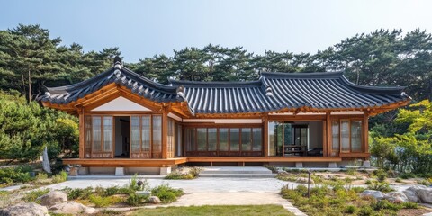 Obraz premium A traditional Korean house displays architectural beauty with a nice yard
