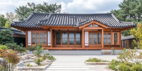 An ornate wooden traditional Asian style building stands outdoors gracefully