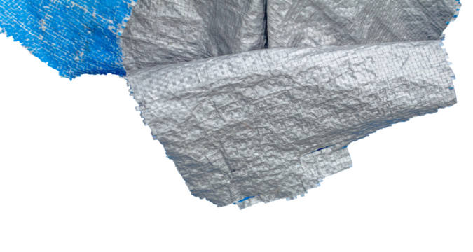 Weathered Torn Blue Tarpaulin with Silver Layer Peeling Off. Aged and Fragile Plastic Sheet. Element For Creative Project.