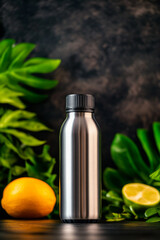 sleek stainless steel bottle stands amidst vibrant green leaves and fresh citrus fruits