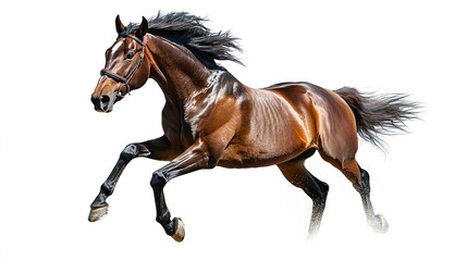 Obraz premium A striking image of a horse galloping at top speed, its nostrils flared and eyes focused, every motion frozen in time against a seamless white background 