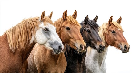 A striking portrait of a group of young horses standing closely together, their attentive ears and flowing manes adding depth to the scene, perfectly framed against a white background 