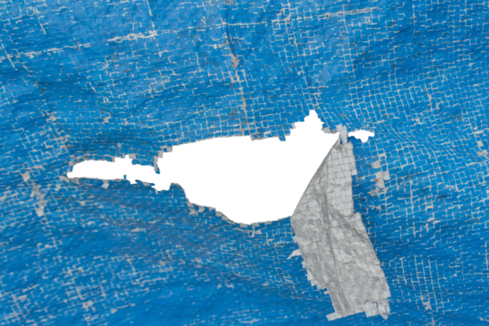 Weathered Torn Blue Tarpaulin with Silver Layer Peeling Off. Aged and Fragile Plastic Sheet. Element For Creative Project.