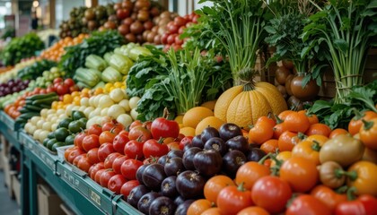 Fresh produce display local market colorful fruits and vegetables vibrant environment eye-level view healthy living concept