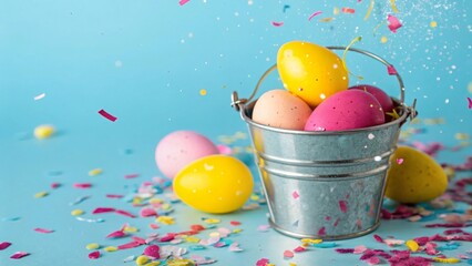 Colorful easter eggs in a metal bucket with confetti on a bright blue background, celebrating spring and the easter holiday