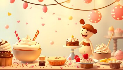 A whimsical character and sweets are displayed for celebration joy