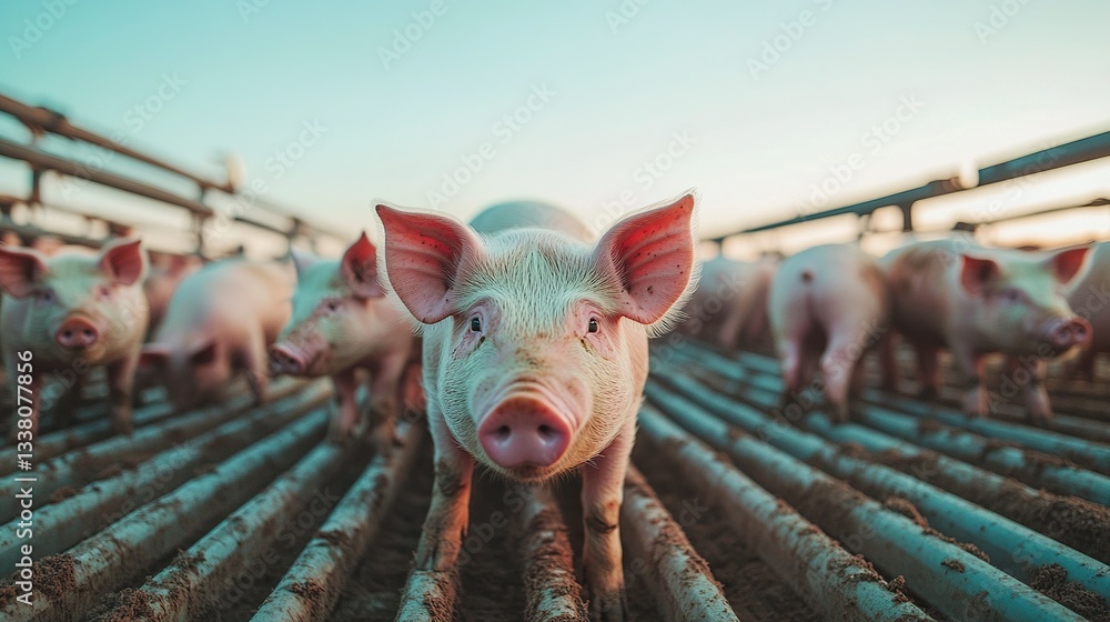 Poster a structured pig farm with pigs eating from automated feeders, highlighting the efficiency of modern