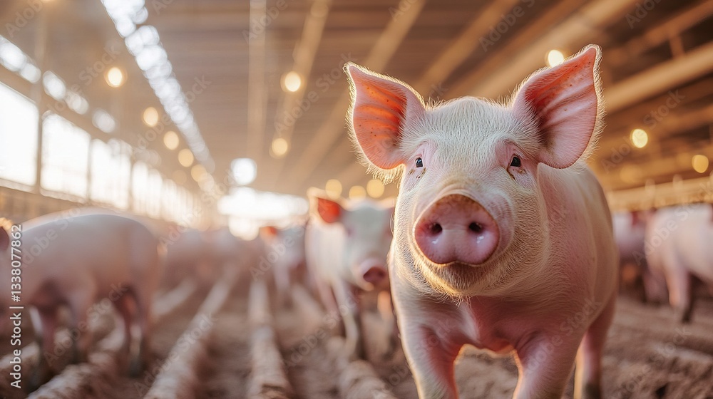 Poster a structured pig farm with pigs eating from automated feeders, highlighting the efficiency of modern