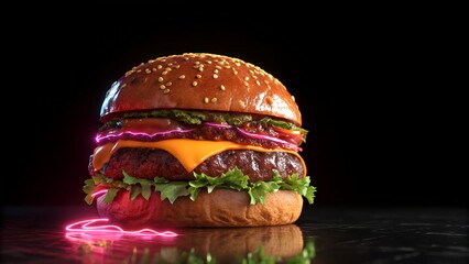 A dramatically lit, close-up shot of a deluxe hamburger against a dark background