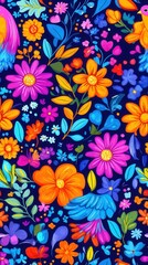 Vibrant seamless pattern showcasing a delightful array of colorful flowers and birds, ideal for textile prints, wallpapers, and various design applications featu iconic floral