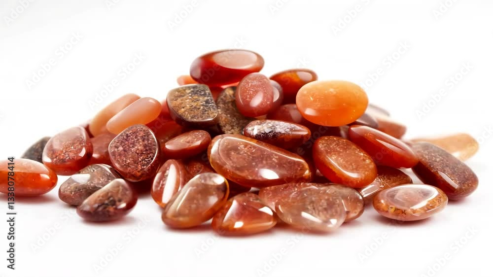 Poster a pile of polished red aventurine agate stones with various shapes and sizes, showcasing their smoot