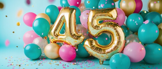 Golden number 45 balloon surrounded by colorful balloons, confetti, festive celebration backdrop, birthday party decor, vibrant party theme, cheerful atmosphere.