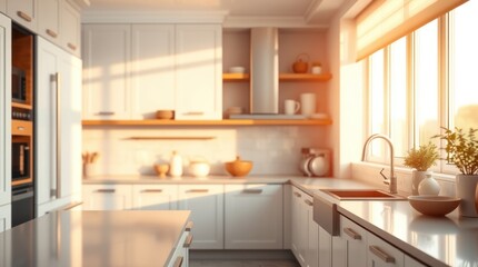 Sunny modern kitchen interior design, sunlight streams through window, showcasing island and cabinets