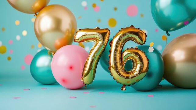 Golden foil number 76 balloon decoration with colorful pastel balloons and confetti, birthday celebration, festive atmosphere, party decor, fun event.
