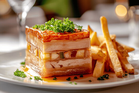 Traditional Potjevleesch terrine with crispy French fries, served cold in an elegant French restaurant setting