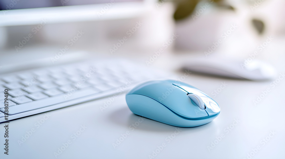 Aufkleber modern wireless blue computer mouse on a clean white desk with a keyboard and another mouse in the b