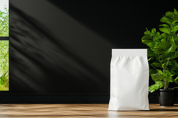 blank packaging bag stands against dark wall, surrounded by greenery, creating fresh atmosphere