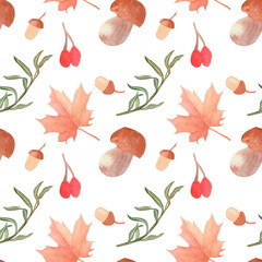 Hand drawn watercolor seamless pattern with autumn leaves, acorns, berries and mushroom on a white background. Botanical seasonal print. Drawing of wallpaper, gift paper, autumn greeting cards.