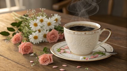 
A warm and inviting scene features a steaming cup of coffee on a decorative saucer