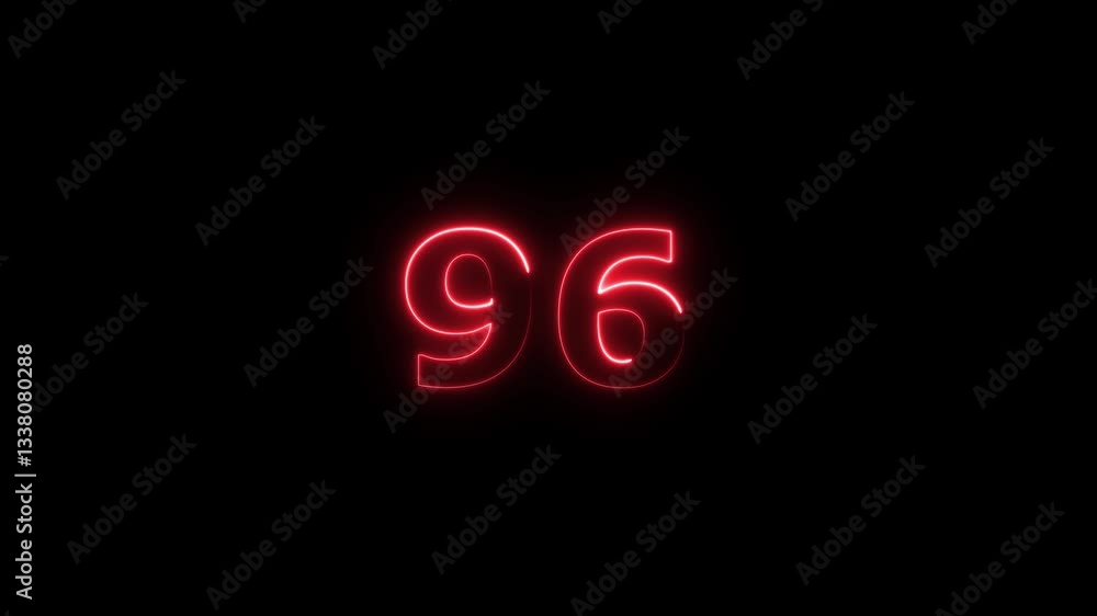 Poster neon text 96 number countdown icon background 4k animation .neon number 96 with alpha channel, neon 