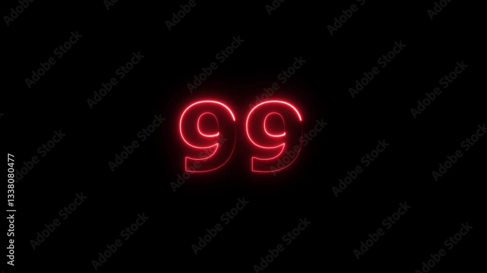 Poster neon text 99 number countdown icon background 4k animation .neon number 99 with alpha channel, neon 
