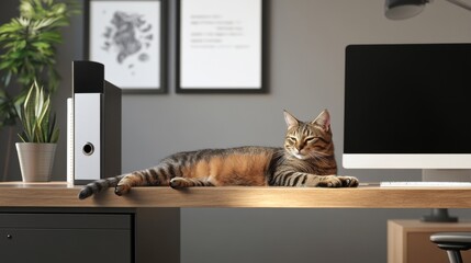 Cat Relaxing on a Desk with Computer in Modern Office Environment