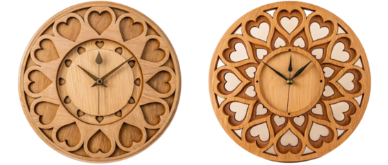 Two wooden clocks with heart designs on a transparent background