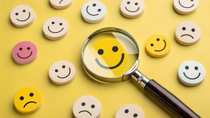 A bright yellow background is populated with various smiley face emojis, some showing happiness and others sadness