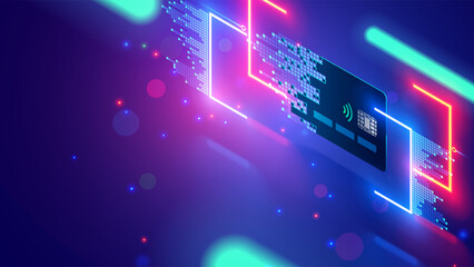 Virtual digital banking card. Isometric concept banking card for paying in internet. Online payment security transaction via credit card. Shopping pay virtual digital banking credit card. Fintech.