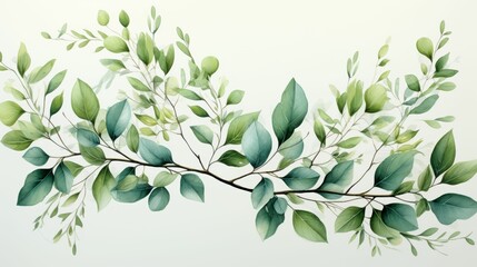 A painting of a green leafy branch with a white background