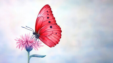 Obraz premium A vibrant red butterfly perched delicately on a pink flower, set against a soft, blurred background.