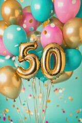 Gold number 50 balloons with colorful party balloons, birthday celebration, festive decor, anniversary party decorations, joyful event, vibrant background, confetti.