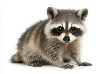 Obraz premium Adorable raccoon sitting on a white background, looking forward. Wildlife photography