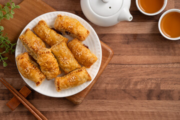 Delicious BBQ pork puff pastry dim sum food.